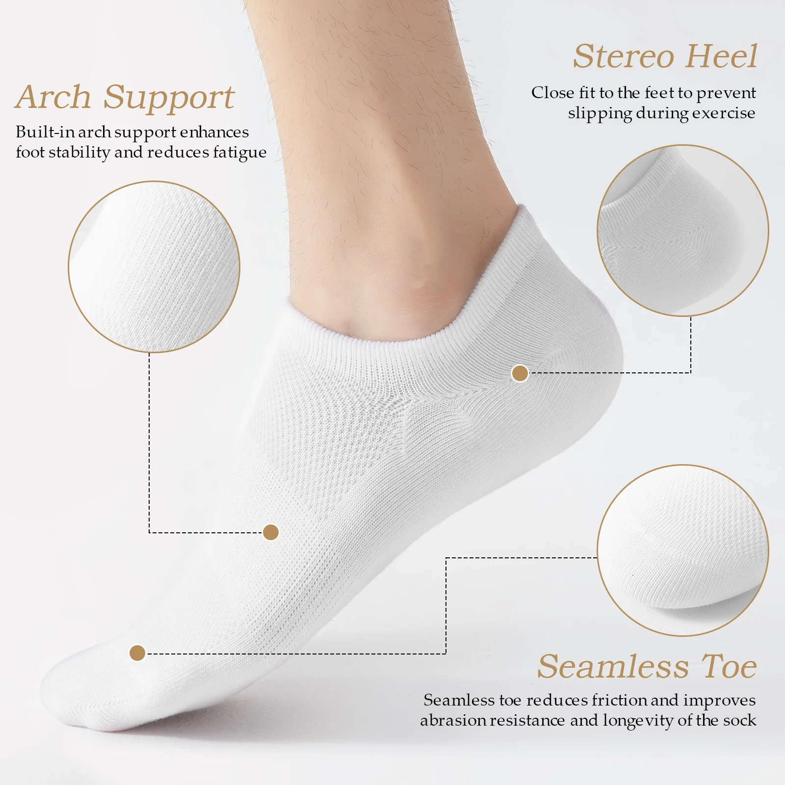 8 أزواج من الجوارب بدون عرض، جوارب كاحل منخفضة القطع مع دعم قوس وممتصة للرطوبة، جوارب غير مرئية مبطنة