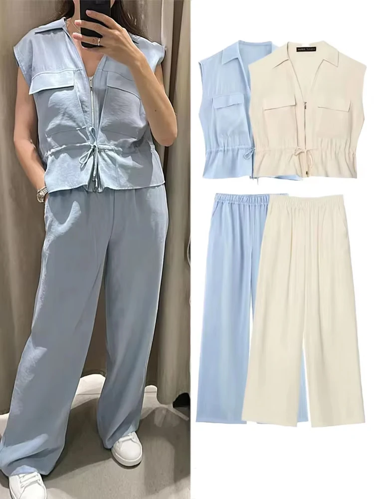 ชุดเสื้อแขนกุดคอวีติดซิปแต่งลูกไม้ผูกเชือก + กางเกงขายาวทรงหลวมเอวยางยืดสไตล์ลำลองสีกลาง