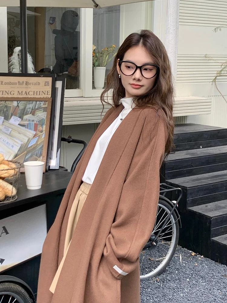 

Office Lady Bathrobe Style Woolen Jackets 2024 Autumn And Winter Temperament Age-Reducing Lace Up Loose Long Women's Wool Coats