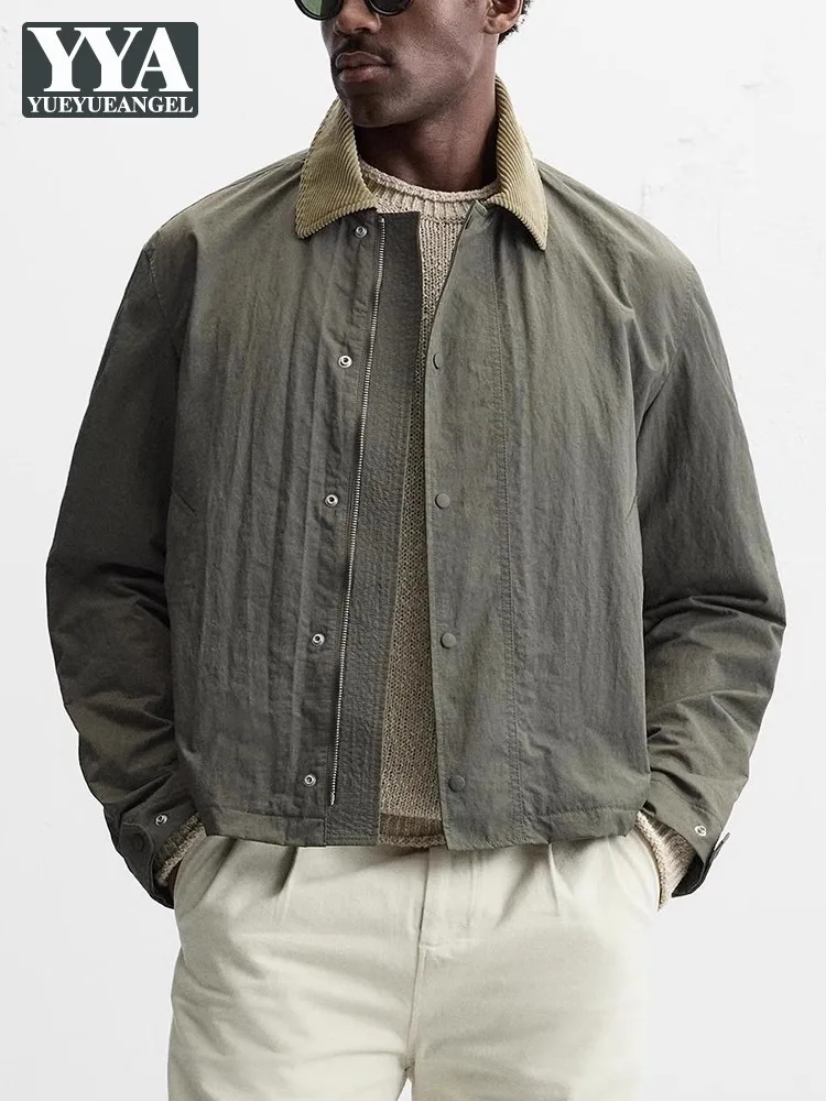 Mixed Colors Spliced Turndown Collar Mens Casual Jacket Spring Autumn Long Sleeve Outerwear High Street Vintage Short Coat Male