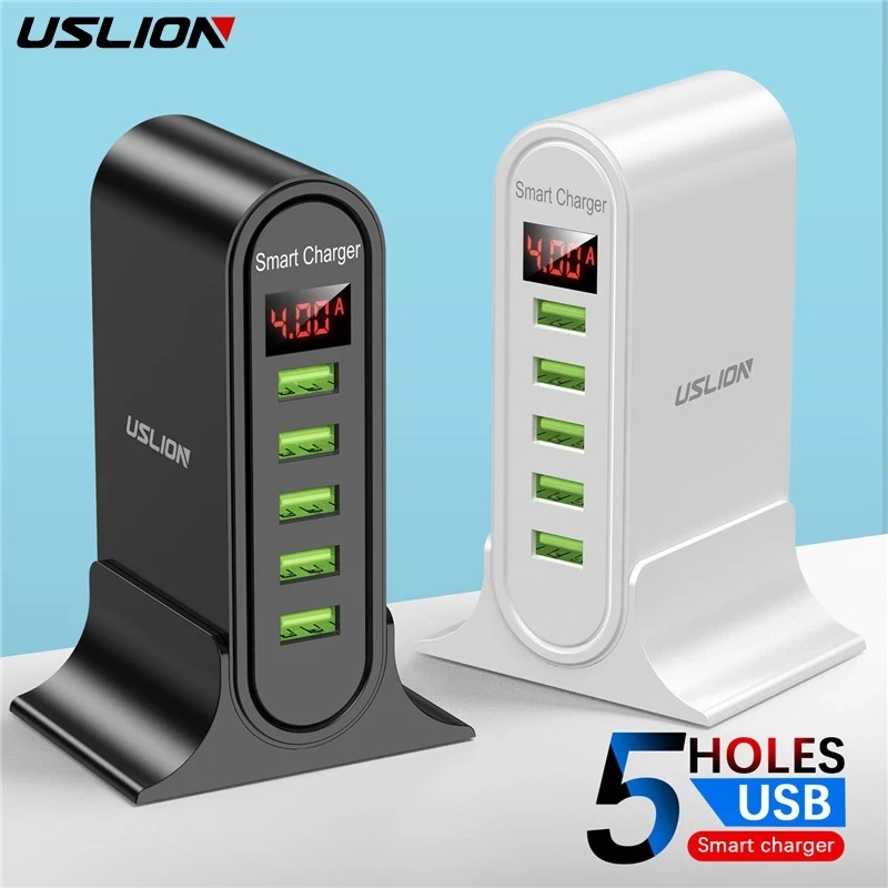 USLION 5 포트 USB 충전기, 아이폰 15 샤오미 LED 디스플레이 멀티 USB 충전 스테이션, 범용 휴대폰 데스크탑 벽, EU 미국 영국 플러그 