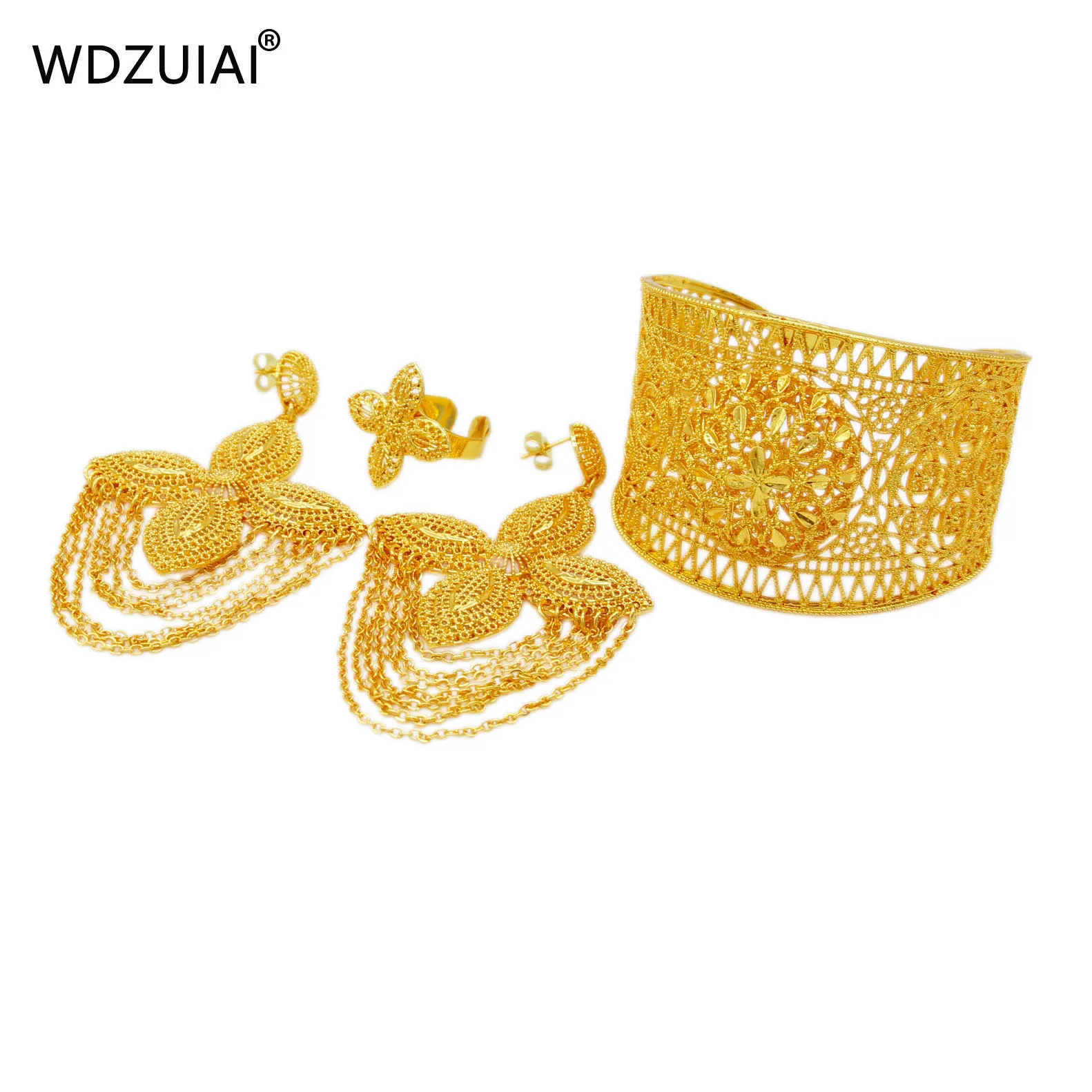 

WDZUIAI New Luxury Dubai 24K Gold Color Bracelet/Earrings/Ring Set for Women Bridal African Arab Belgium Wedding Jewelry Set