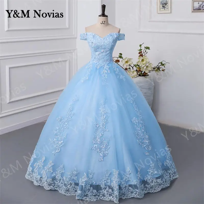 

Y&M Novias Blue Quinceanera Dresses Sweet Party Prom Dress Lace Appliques Off Shoulder Ball Gown Custom Color Vestidos Plus Size