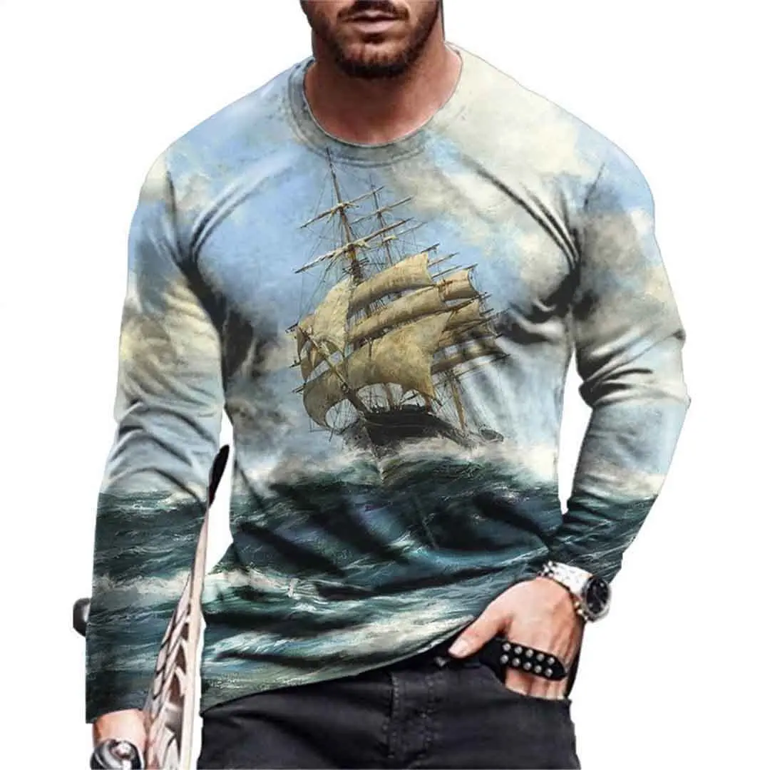 Camiseta Vintage de manga larga para hombre, camisa con estampado de barco de navegación en 3D, ropa gráfica, Tops de manga larga, ropa de calle