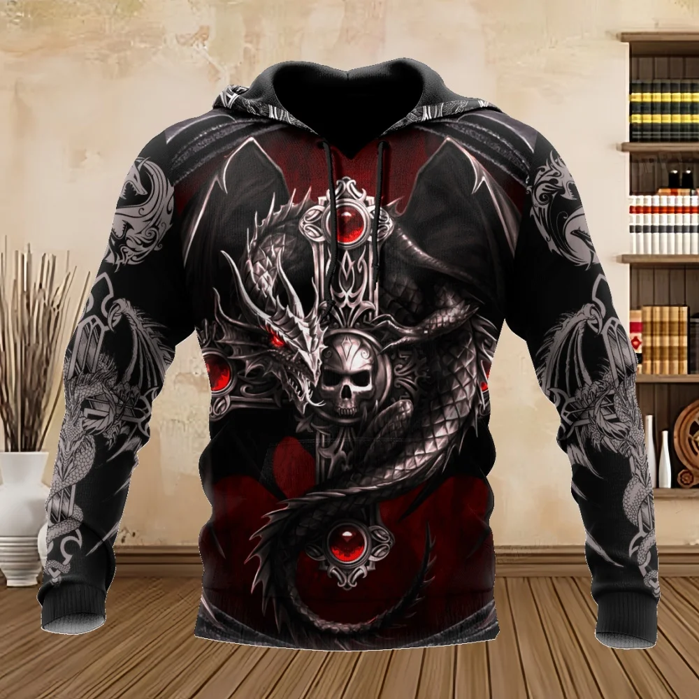Oversized Tattoo Skeleton Cross Terror Red 3D Printed Men\'s Hoodie Sweatshirt Topscasual Tracksuits Raven Animal Men Clothing