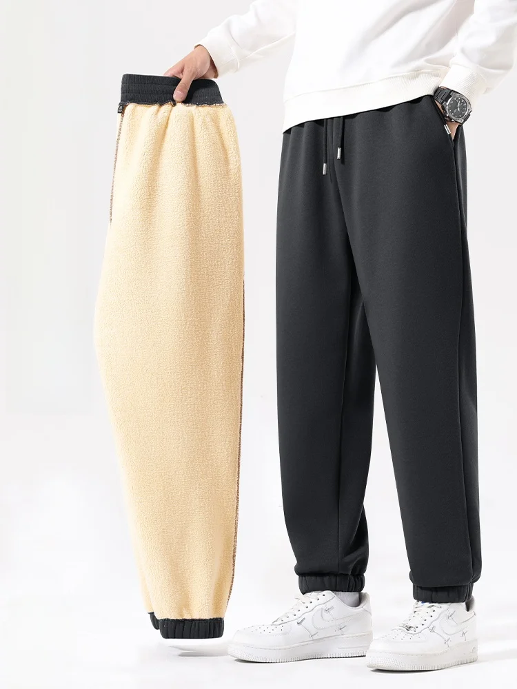 

Мужские утепленные спортивные брюки из овечьего флиса, зимние, больших размеров, с манжетами, повседневные, комфортные, теплые, из смесового хлопка и полиэстера