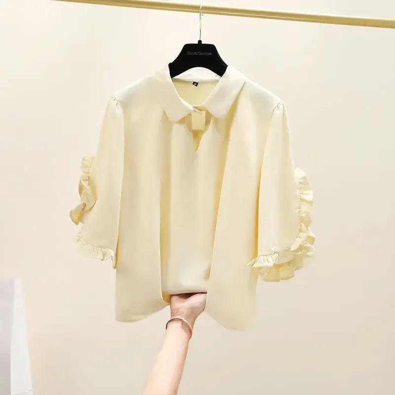 Summer Fashionable High-end Design with Hollowed Out Doll Neck and Ruffled Edge Short Sleeved Loose Casual Versatile Shirt ZT319