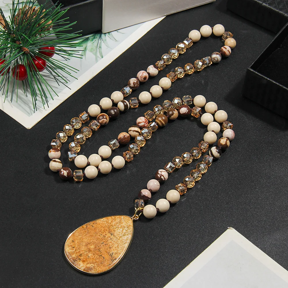 

Boho Feng Shui Drop Pendant Necklace Natural Stone Beaded Necklace Exquisite Women's Fashion Accessories