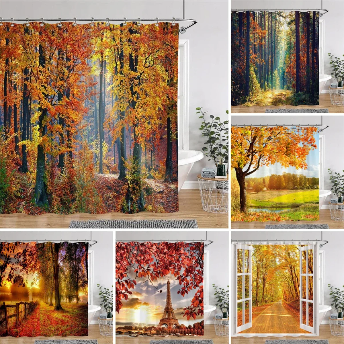 

Beautiful Autumn Forest Landscape Shower Curtain Golden Leaves Romantic Nature Landscape Polyester Shower Curtains Bathroom Deco