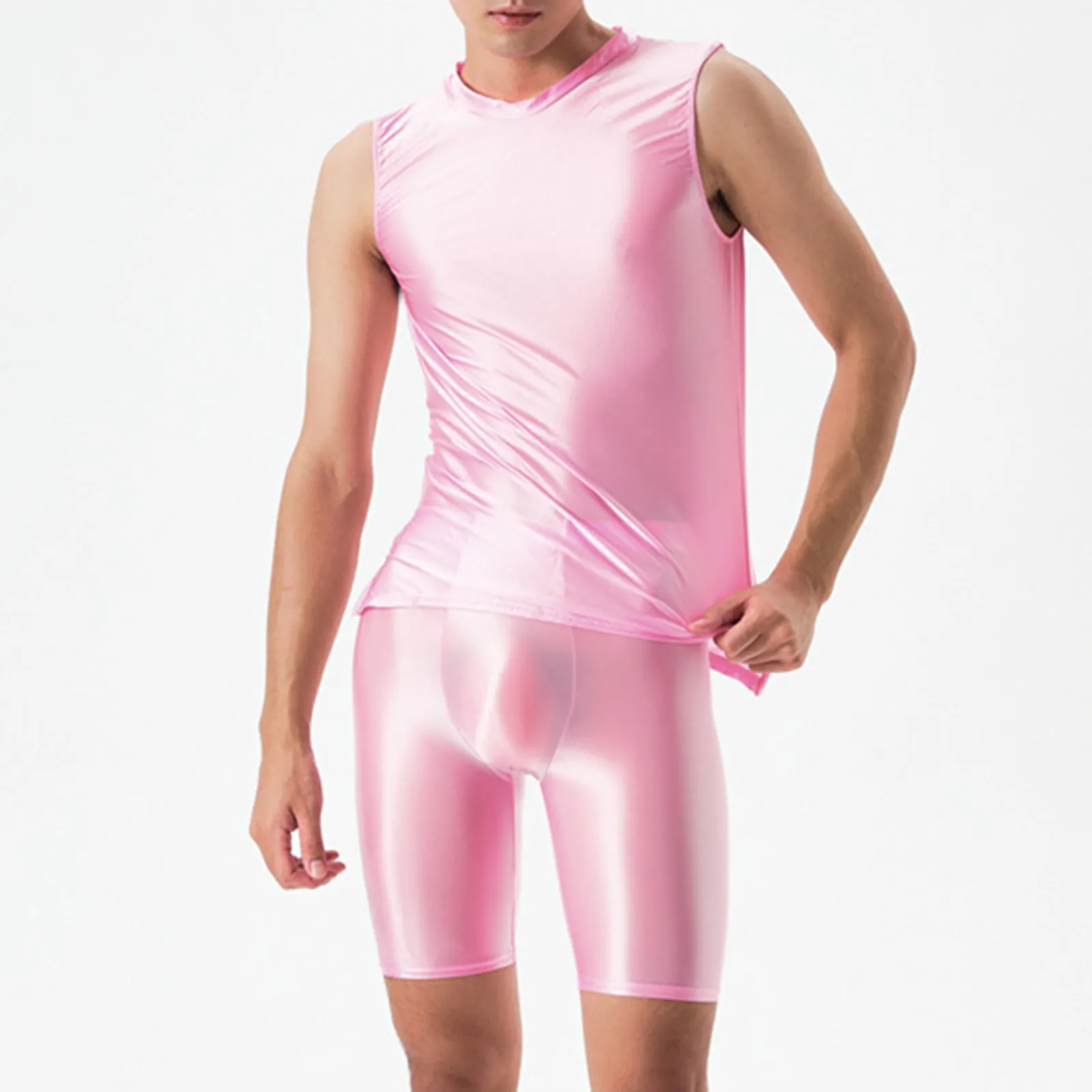 Męski, błyszczący garnitur, seksowny, jedwabisty, przezroczysty zestaw spodni i kamizelki, do kulturystyki. Prezent na Wielkanoc dla męża