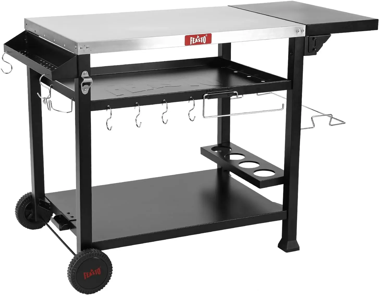 3-Shelf Grill Table For Outside, Indoor & Outdoor Pizza Oven Table, Movable Prep Table Cooking Station, Grill Cart With Side