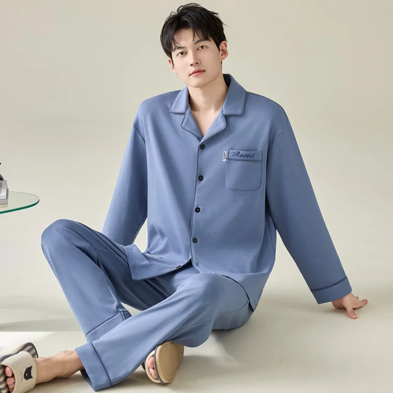 

2 Pieces Set Cotton Sleepwear for Men Cardigan Homewear Elegant Nightwear for Autumn and Spring 4XL 3XL 2XL Loungewear Homme