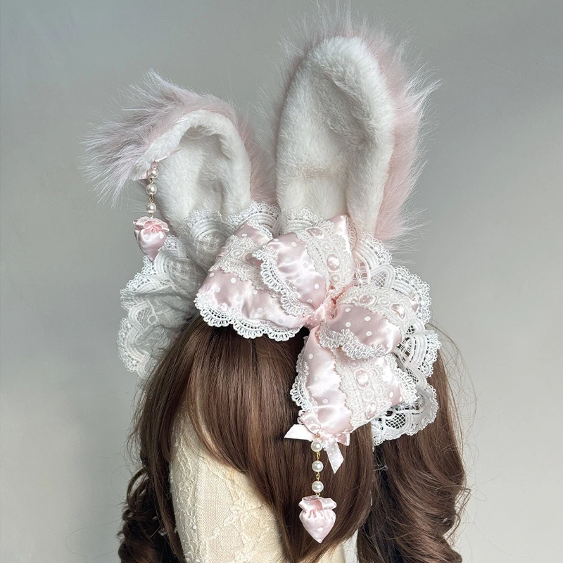 Women Cute JK Cosplay Hairband Girl Lovely Lolita Bunny Ears Padded Bow Lace Ruffle Headdress Y2K KC Hairband Harajuku Headwear