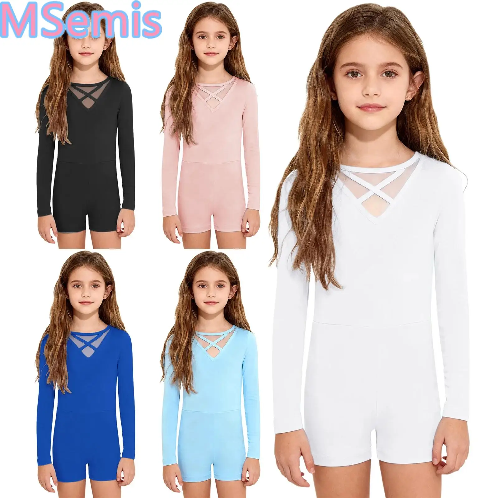 Dziecięcy dziewczęcy kombinezon gimnastyczny z przezroczystej siateczki, strój do baletu, body z krzyżującymi się ramiączkami z przodu i z tyłu, długi rękaw, odzież taneczna.