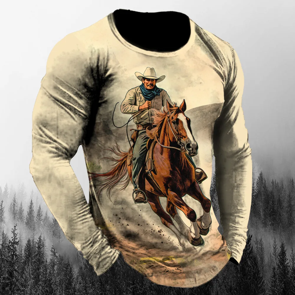 Vintage Westside Cowboy Print Autumn Men's O-Neck T-shirt Casual Long Sleeve Oversized T Shirts Fashion Tops Trend Men Clothing