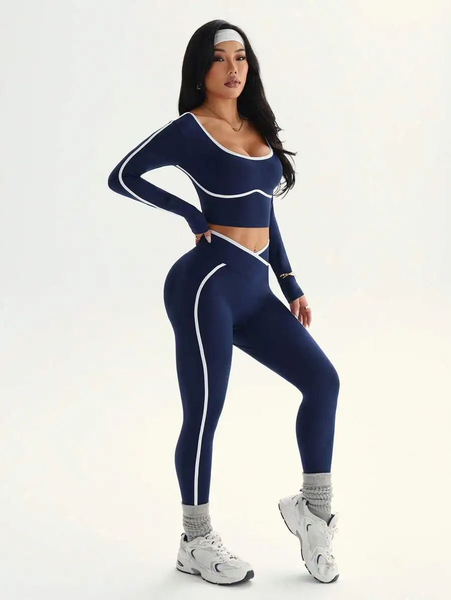

Seamless High Elasticity Yoga Fitness Women Two Piece Set Criss Cross Waist Contrast Color Workout Legging