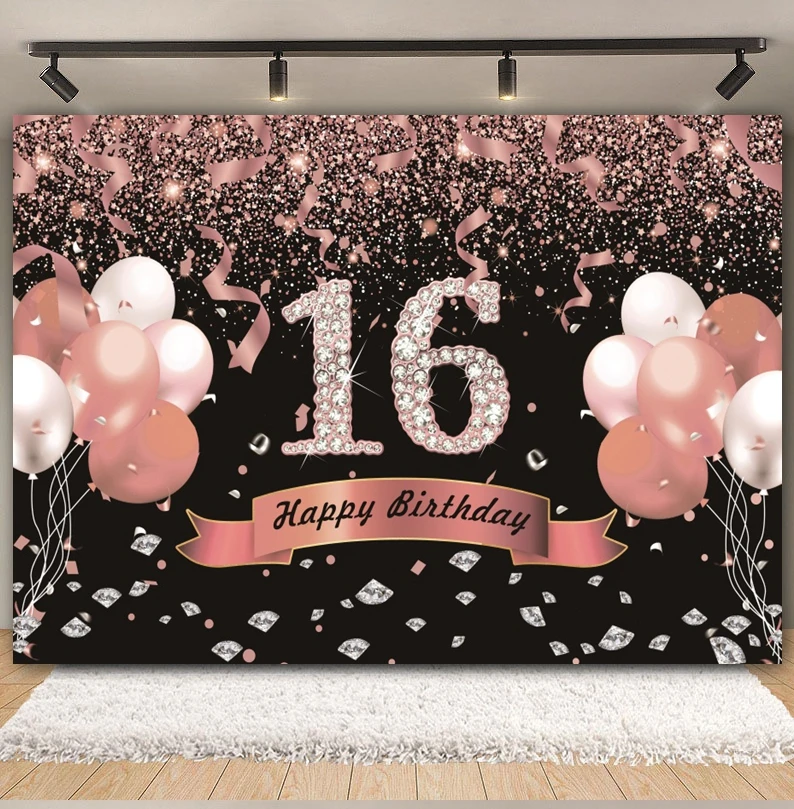 Girls Sweet 16th Birthday Backdrop Pink Golden Glitter Balloon Diamond Cheers to Sixteen Years Old Party Photography Background