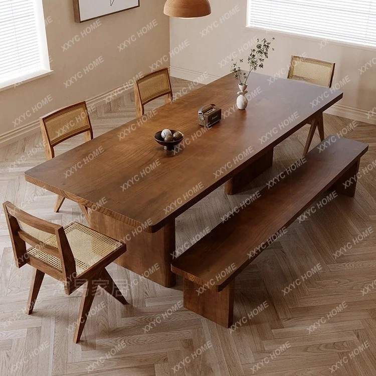 Mesa de comedor creativa de madera maciza y conjunto de sillas, mesa de comedor larga de tronco de árbol para el hogar, mesa de comedor integrada.