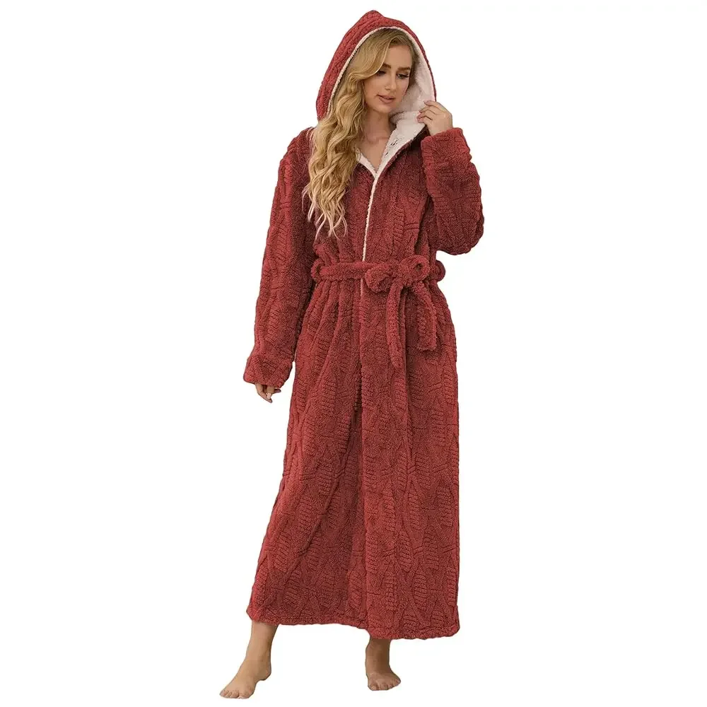 Women Fluffy Robes With Hood: Floor Length Long Fleece Winter Bathrobes Ladies Hooded Housecoat for Spa Shower