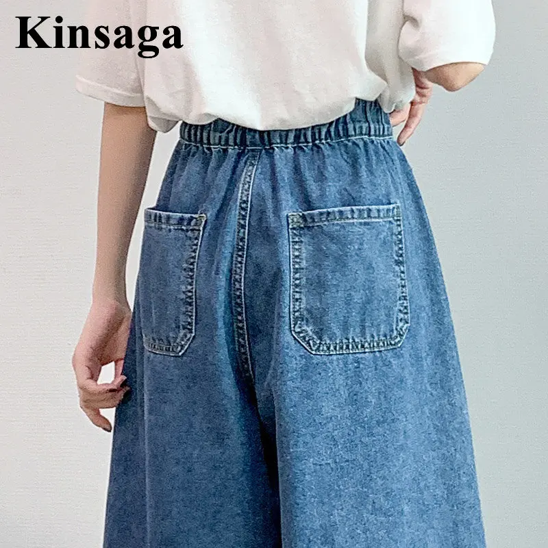 Women Street Pleated Loose Wide Leg Mid-calf Jeans Mom 4XL Summer Baggy Y2K Boyfriend Capri Elastic Waist Denim Bermuda Breeches