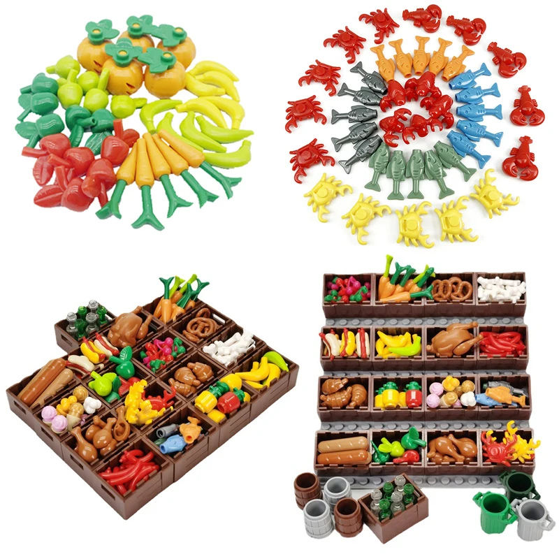 

Food With Display Basket Market MOC Building Blocks Vegetables Seafood Fruits Solid Food Bricks Toys Compatible With LEGO