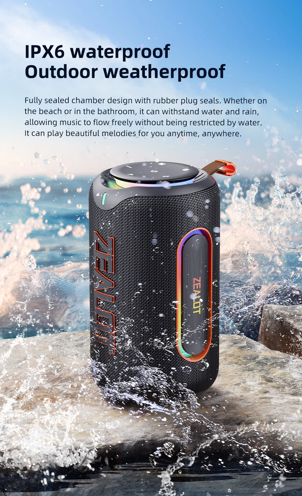 ZEALOT-MP1 Bluetooth-Lautsprecher für den Außenbereich, 60 W Ausgangsleistung, Bluetooth 5.3-Lautsprecher, Stereo-Sound, IPX6 wasserdicht, Micro-SD-Karte, RGB-Licht – Detail 10