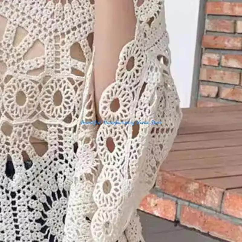 

E56A Elegant Lace Blouse with Flared Sleeves Casual Top Loose Shirt for Fashion Women