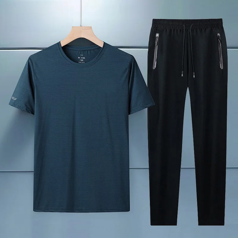 

Спортивный комплект Ice Silk Qui Dry для мужчин среднего возраста и летняя повседневная футболка ort Sve, длинные брюки, дышащие, удобные