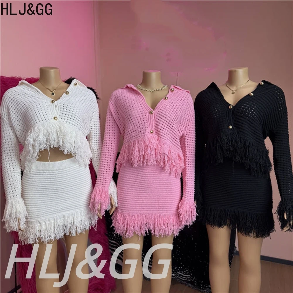 

HLJ&GG Spring Knitting Tassel Mini Skirts Two Piece Set Women Lapel Button Long Sleeve Top And Skirts Outfits Fashion Streetwear