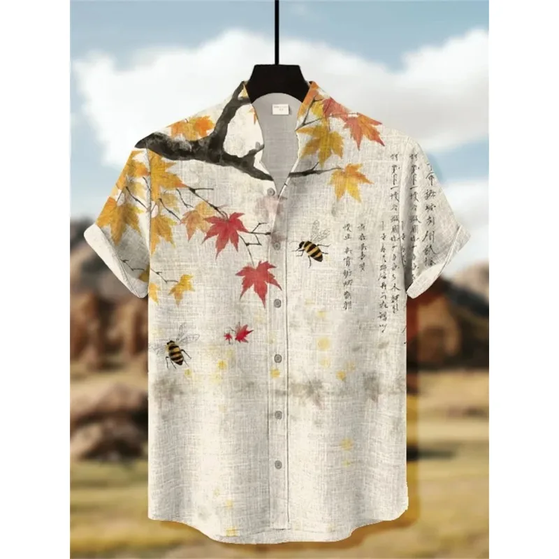 

Fashion Vacation Top with Stand Up Collar Men's Maple Leaf Printed Short Sleeve Casual Shirt High-Quality Linen Outdoor