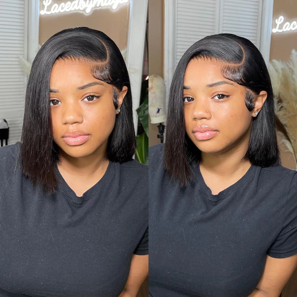 13x4 Bone Straight Short Bob Lace Frontal Wig Brazilian 100% Human Hair 4x4 Transparent Lace Front Wigs 200% Density 12 14 Inch