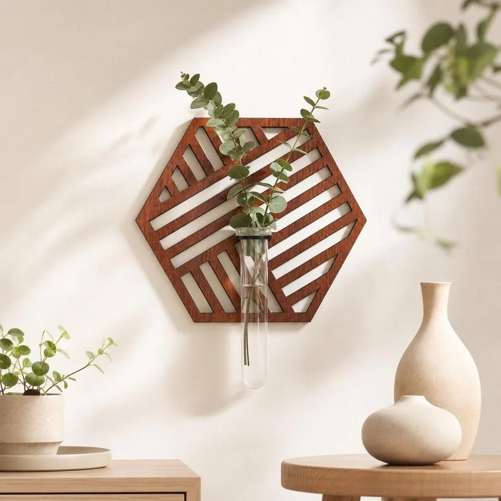 Wooden Hydroponic Planter Shelf Vase Home Ornaments Wall Decoration Hollow Out Retro Planter Holder