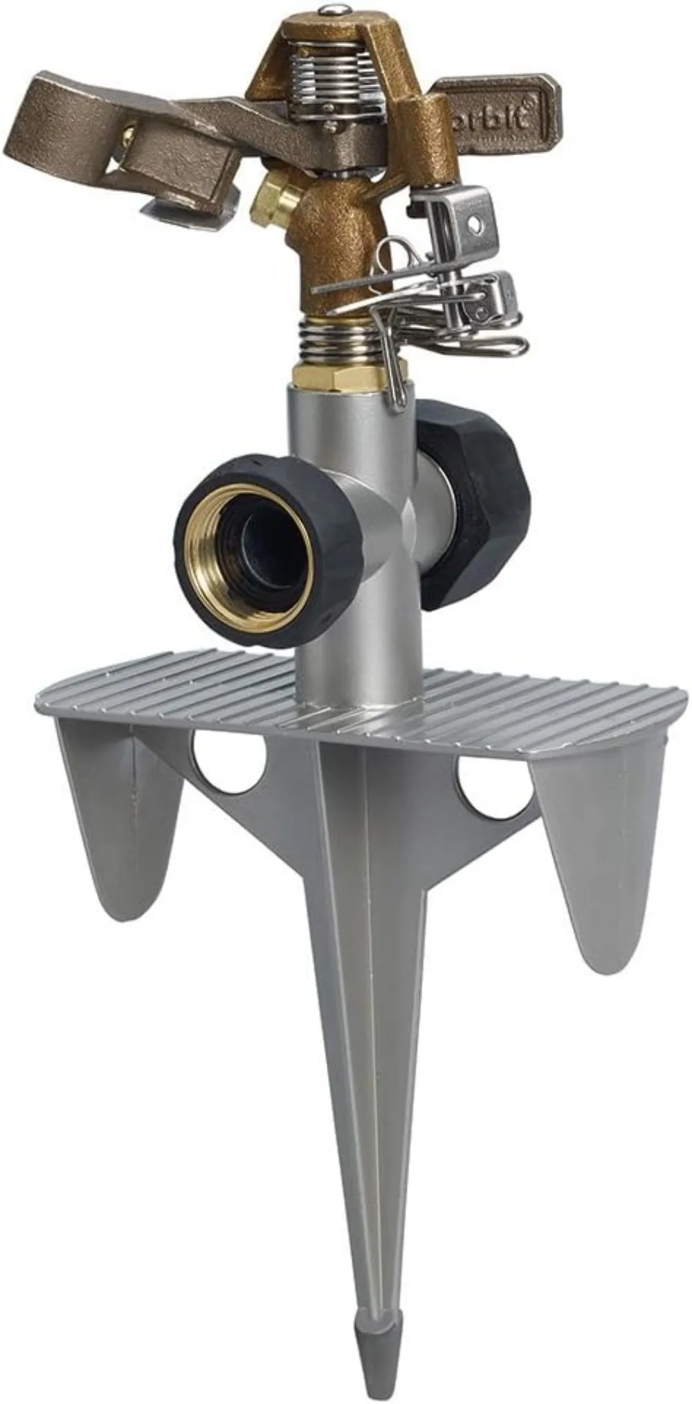

Pack Brass Impulse Yard Sprinkler on Hose-End Spike Base - Large Area Watering Head - Water Your Entire Lawn