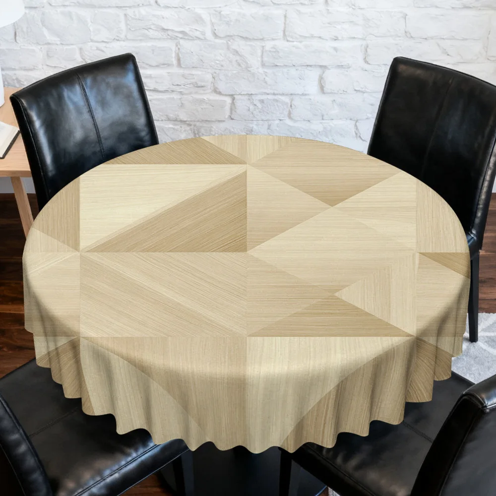 A geometric wood-grain circular tablecloth design, creating a cozy dining atmosphere.