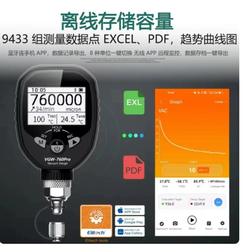 Digital Gauge 0-19000 Micron Wireless Refrigerant Vacuum Tester 1/4 Inch SAE VGW-760 HVAC AC Recharging Tool