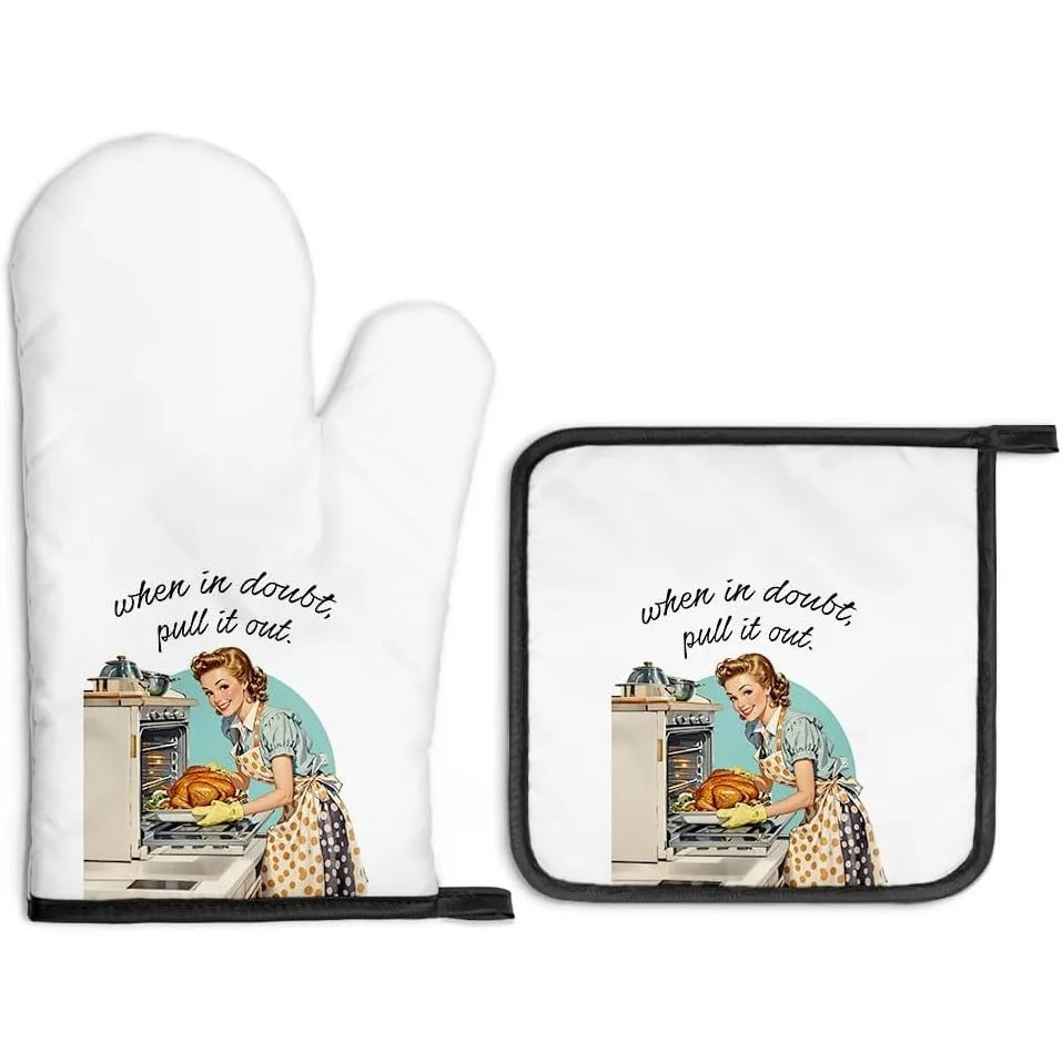 When in Doubt Pull it Out Oven Mitts and Pot Holders Sets, Funny Oven Mitts for Women, Hostess Gifts for Mom Wife