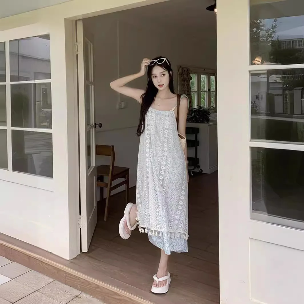 

Retro Tassel Patchwork Camisole Dress For Women, Sweet And Elegant, Slimming Long Skirt