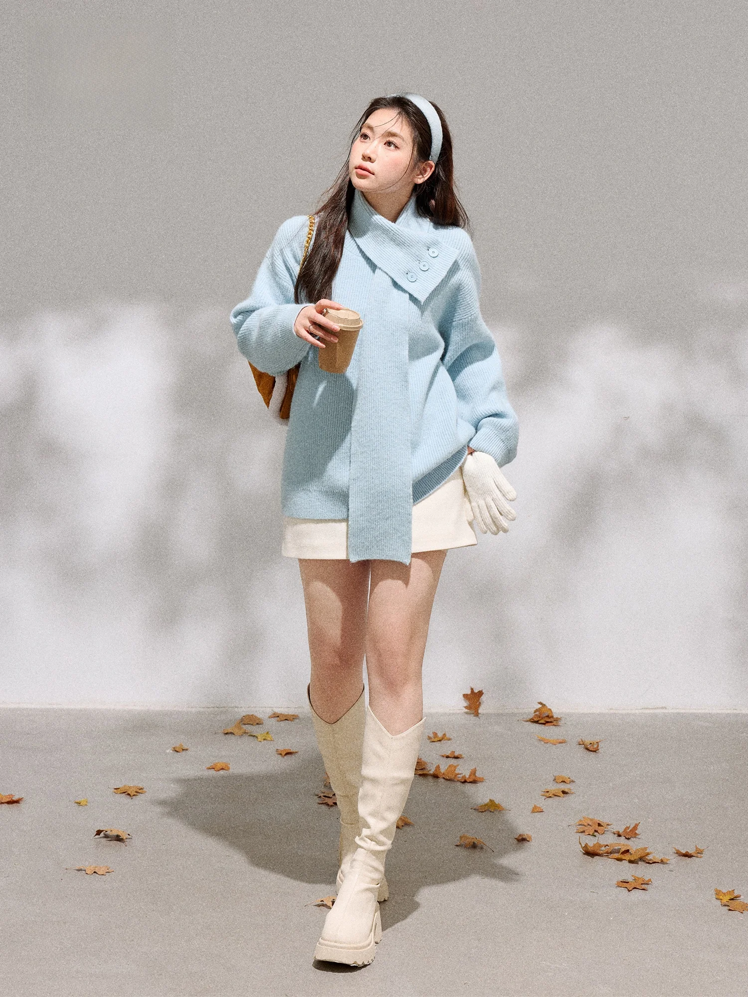 

plus Size Winter Outfit Korean Sle Long Sve Button up High Waist A-Line Skirt And Sweater Combo for plus Size Women