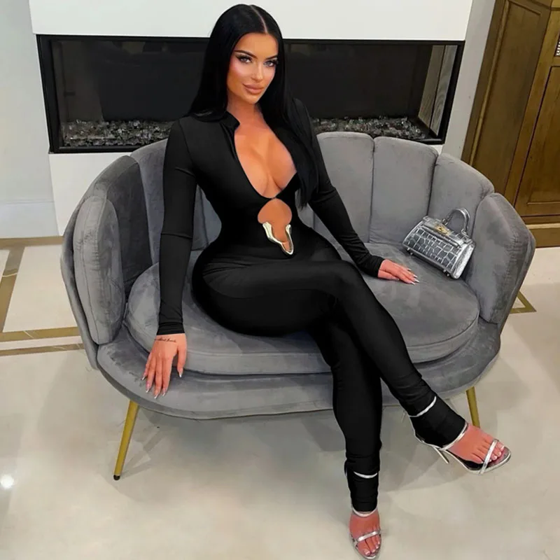 

Сексуальный облегающий комбинезон с глубоким V-образным вырезом для женщин, с длинными рукавами, ажурный, для клуба и вечеринок, цельный комбинезон, комбинезон-ромпер, комбинезон-комбинезон для женщин