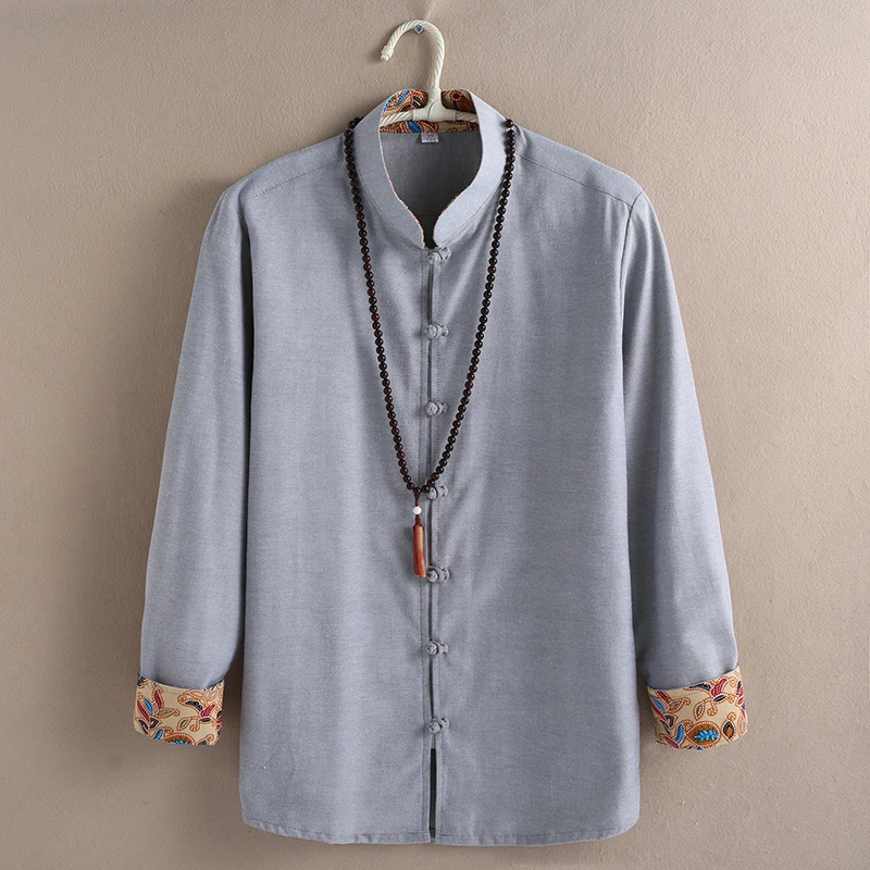 

Chinese Style Cotton Men Tang Suit Tops Jacket Retro Handmade Buckle Long-Sleeved Shirt Plus Size Tradition Casual Blouse