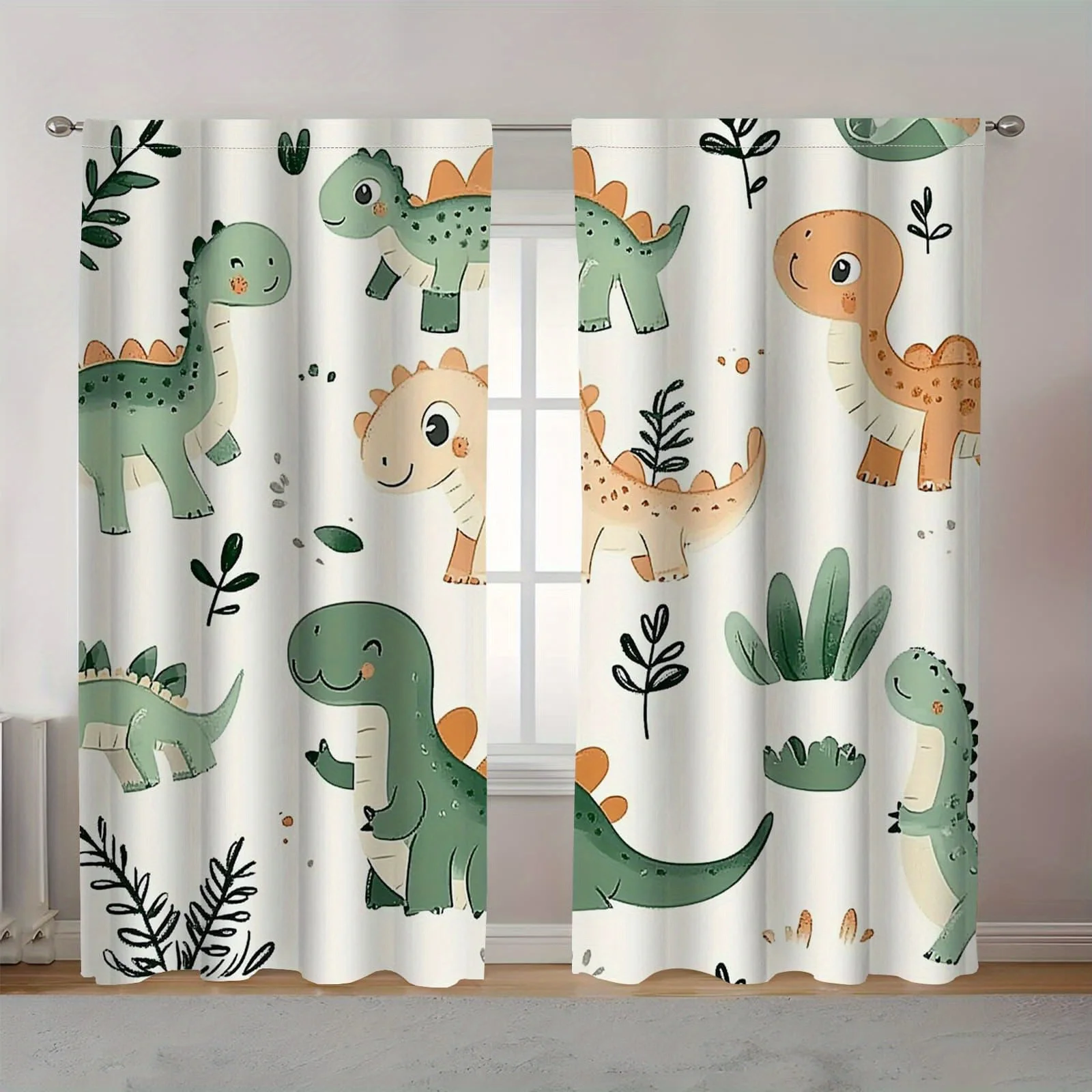Adorable Dinosaur Curtains 2pcs Jungle Print Curtains for Kids Nursery Room Window Decor Drapes Tropical Style