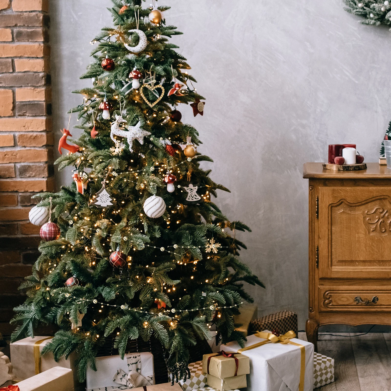 1 لفة من البلاستيك سلسلة خرز عيد الميلاد مرنة خفيفة الوزن لتقوم بها بنفسك شجرة عيد الميلاد الديكور الخرز جارلاند المرحلة صور الدعامة