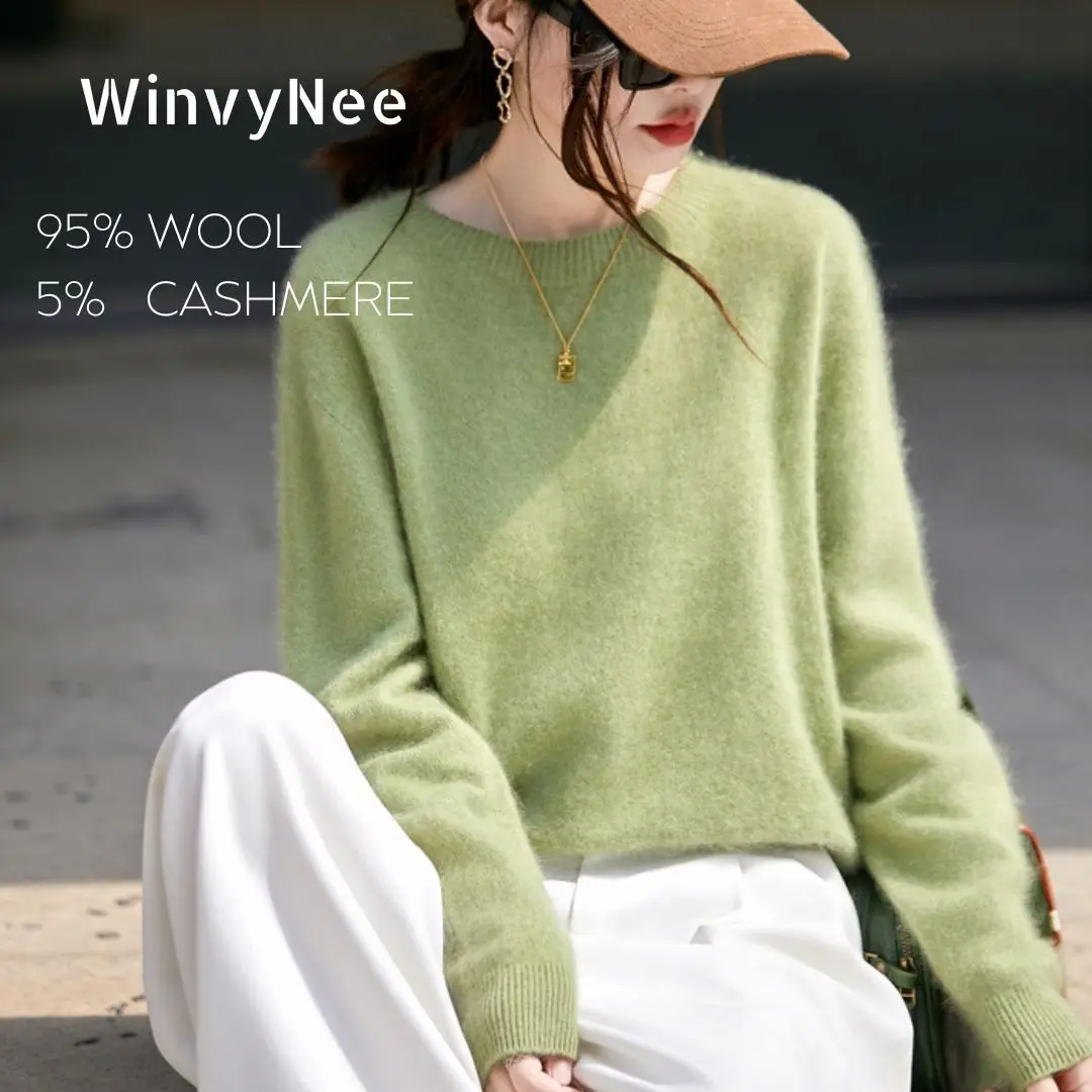 WinvyNee Women's Pink Wool O-Neck Sweater Casual Knit Pullover