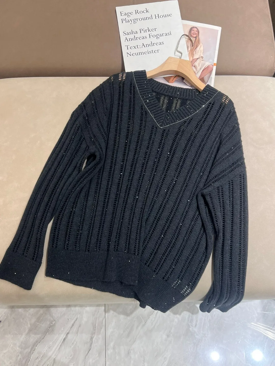 Sweater for Ladies 2024 New Autumn Winter 100% Wool Bead Chain Hollow Out V-neck Loose Casual Long Sleeve Pullover