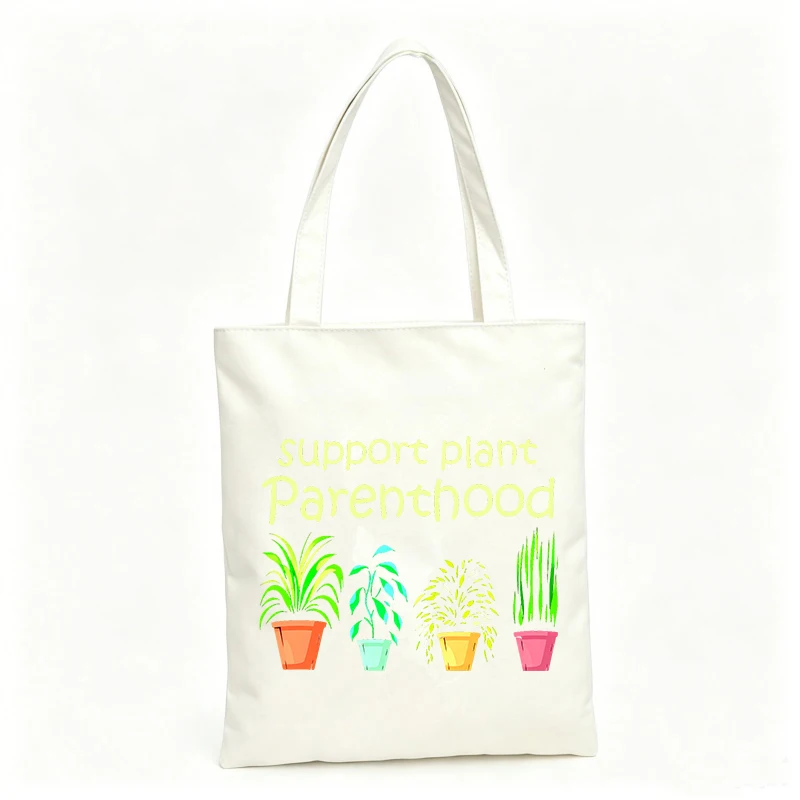 Plant lovers' canvas tote bag with potted plants and letter print, casual style for daily shopping and plant nursery visits