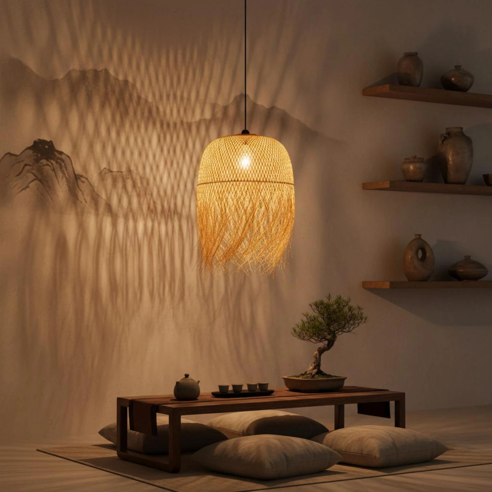 Bamboo Woven Lampshade Artistic Design Japanese Design Lantern Rattan Tassel Chandelier Adjustable Cord Boho Ceiling Lamp