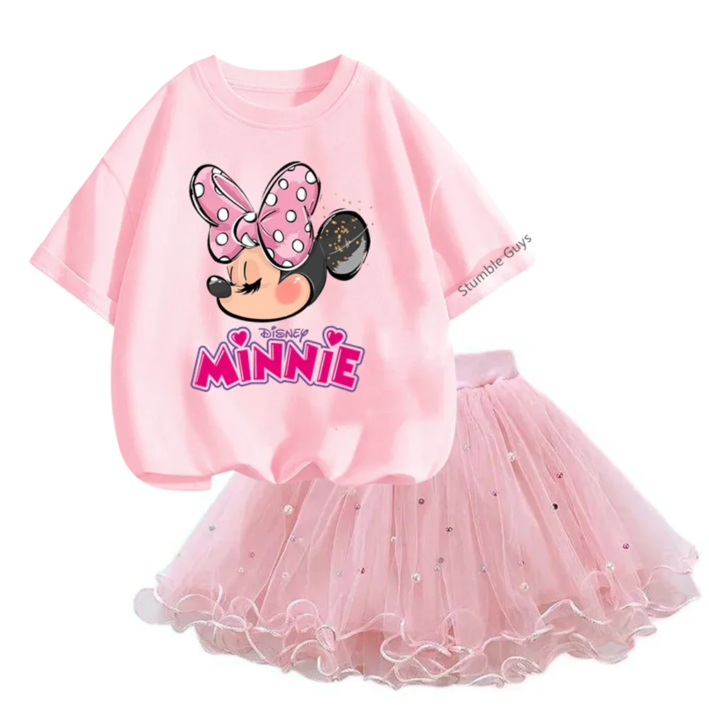 3-14y Girls Minnie Mouse T Shirt & Tutu Mesh Skirt 2pcs Clothes Kids Outfits Pretty Little Baby Dress Fashion Teen Tshirt Set