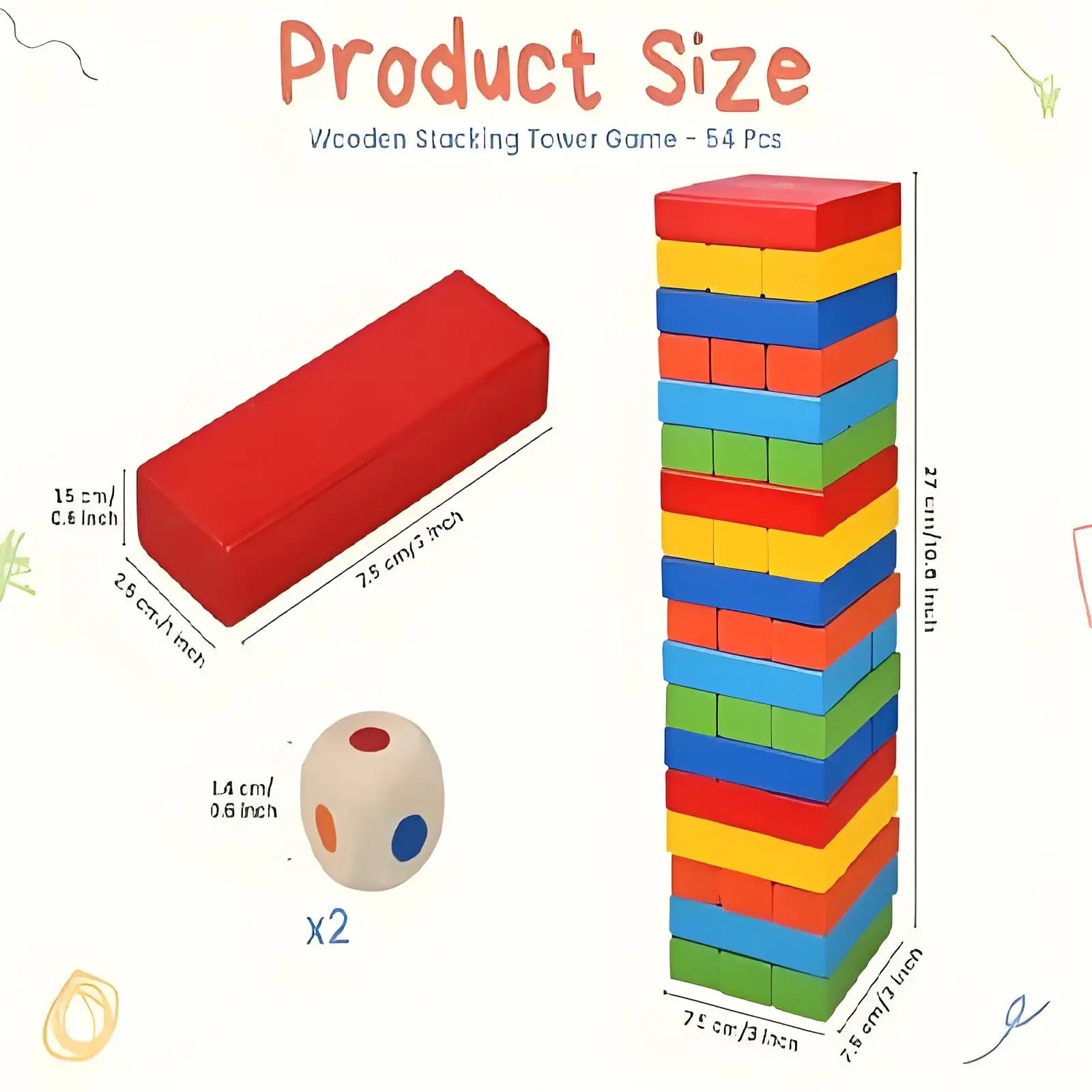 Jogo de empilhamento de madeira de 54 peças, torre de blocos de equilíbrio coloridos para noite de jogo familiar-brinquedo educacional STEM para crianças e adultos