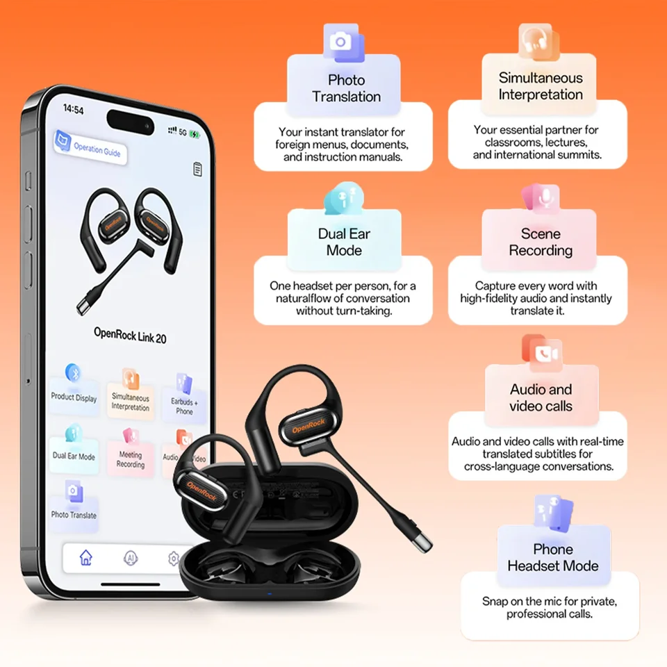 OpenRock Link 20 AI翻訳機 Bluetooth 6.0 イヤホン オープンイヤー