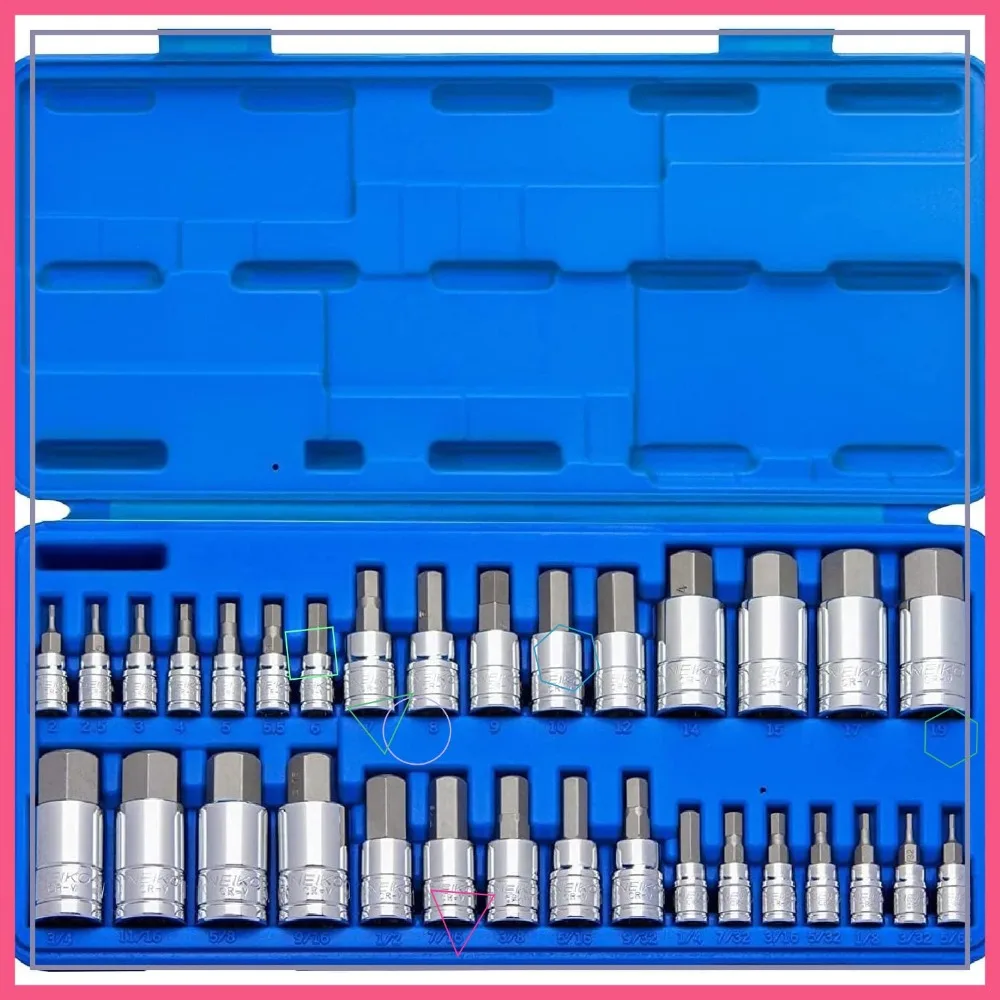 

Набор из 32 шестигранных головок SAE и метрических шестигранных бит, стальная конструкция S2 для максимальной долговечности и точности